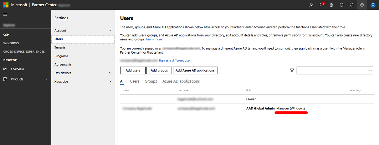 Partner Center Tenants Setting Result